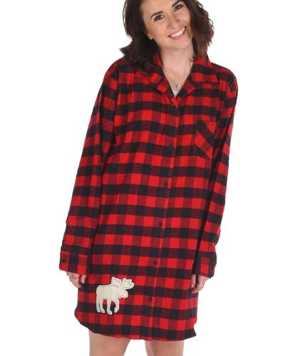 Lazy One Women's Moose Plaid Buttoned Flannel Nightshirt