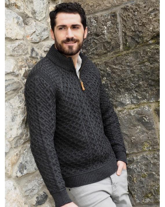 Aran Crafts Men's Half Zip Aran Sweater CHARCOAL