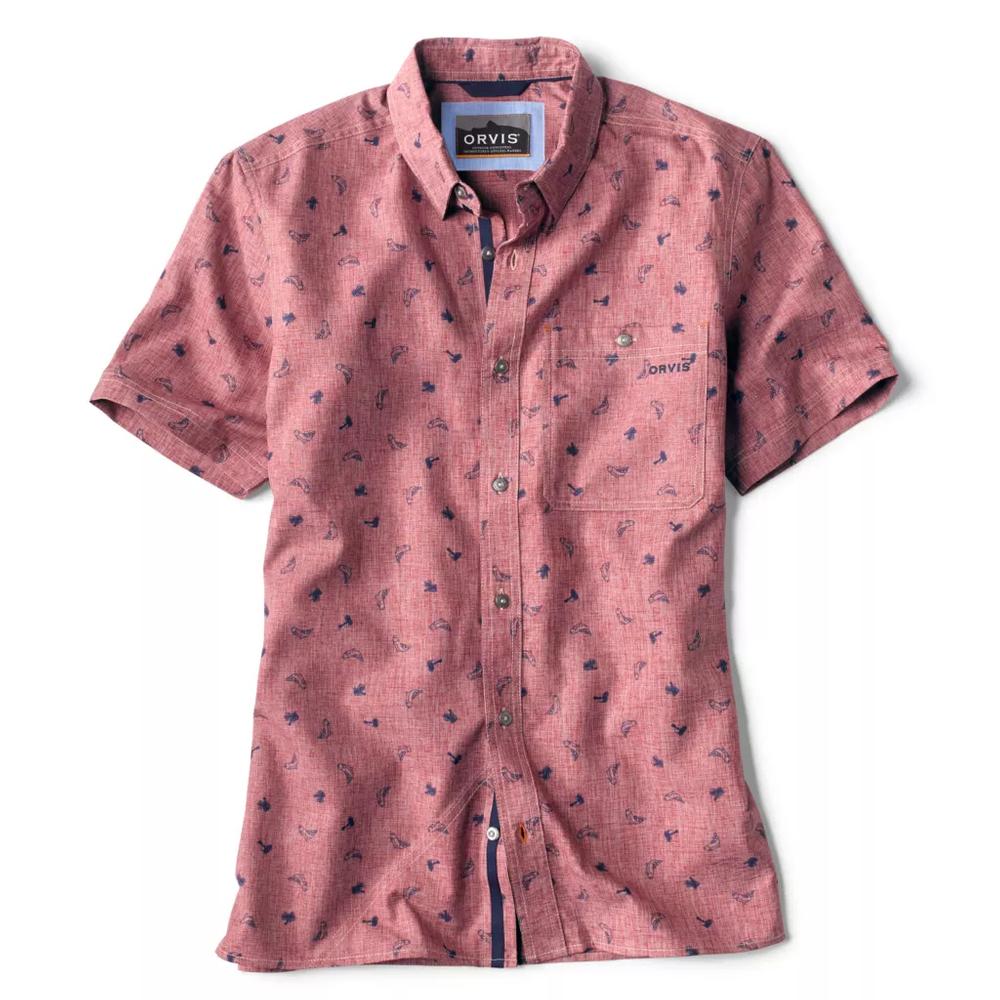 Orvis Men's Printed Tech Chambray Short Sleeve Shirt DEEP_RED
