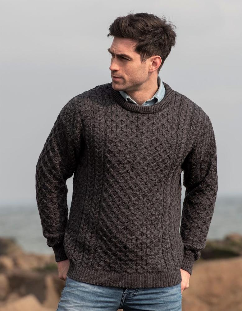 Aran Crafts Men's Kildare Merino Crew Neck Cabled Sweater CHARCOAL