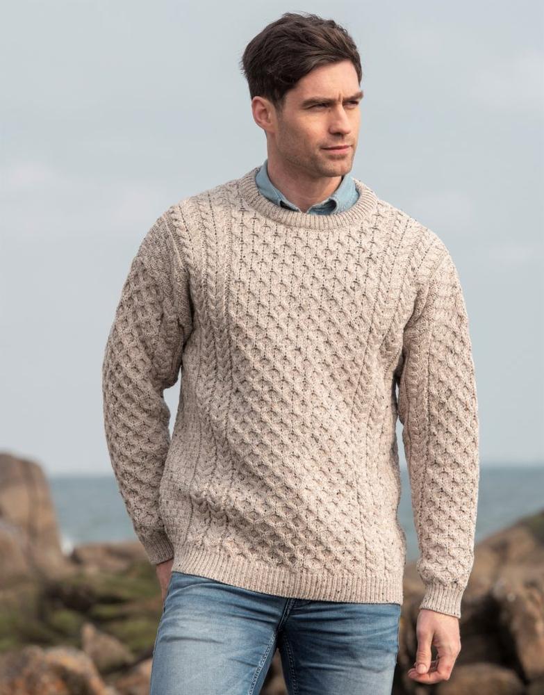  Aran Crafts Men's Kildare Merino Crew Neck Cabled Sweater