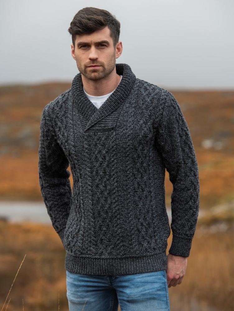 Aran Crafts Men's Bunratty Shawl Collar Sweater CHARCOAL