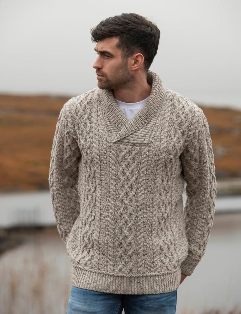 Aran Crafts Men's Bunratty Shawl Collar Sweater OATMEAL